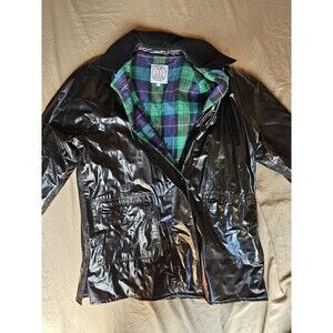 Vintage J.G. HOOK Black Glossy Rain Coat Jacket Plaid Quilted Lined Preppy Siz L